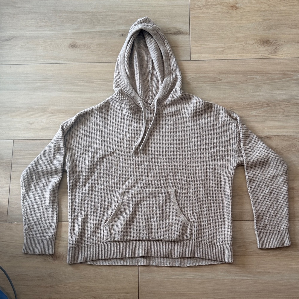 Aerie‎ Womens Waffle Knit Hoodie Sweater Taupe Tan Pullover M/M